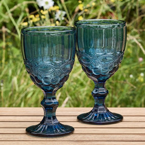 Set of 2 Vintage Sapphire Blue Drinking Wine Glass Goblets Father's Day Wedding Decorations Ideas