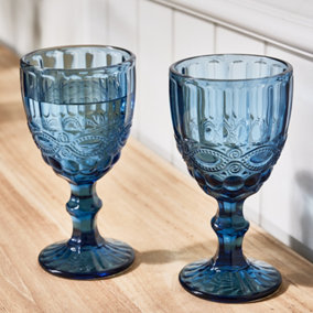 Set of 2 Vintage Sapphire Blue Drinking Wine Glass Goblets