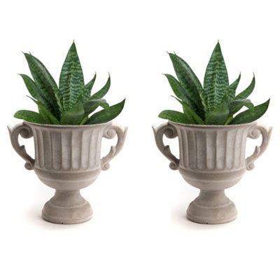 Set of 2 Vintage Style Concrete Grey Large Indoor Outdoor Planter Plant Pot with Baroque Scrolled Handles