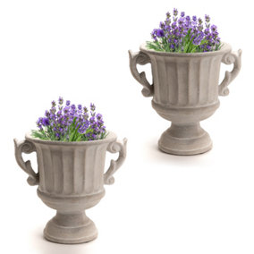 Set of 2 Vintage Style Concrete Grey Small Indoor Outdoor Planter Plant Pot with Baroque Scrolled Handles