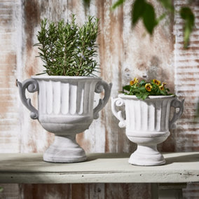 Set of 2 Vintage Style Concrete Grey Small & Large Indoor Outdoor Planter Plant Pot with  Baroque Scrolled Handles