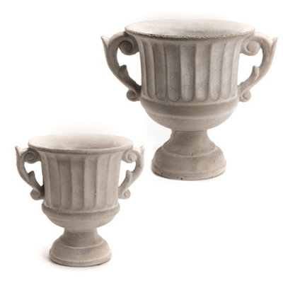 Set of 2 Vintage Style Concrete Grey Small & Large Indoor Outdoor Planter Plant Pot with Baroque Scrolled Handles