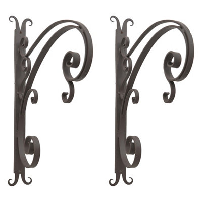 Set of 2 Vintage Style Hanging Basket Bracket Antique Brown Tall Ornate Scrolled Wall Mounted Decorative Garden Basket Brackets