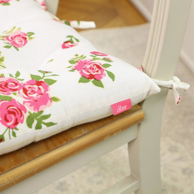 Set of 2 Vintage Style Pink Floral Indoor Furniture Dining Chair Seat Pad Cushions
