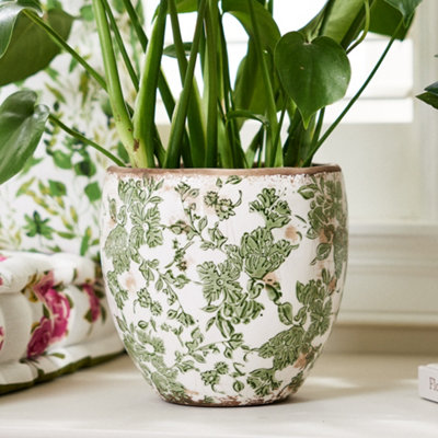 Set of 2 Vintage Style Small & Large Ceramic Botanical Indoor Outdoor Garden Plant Pot Flower Planter (Dia) 19cm, (H)19cm
