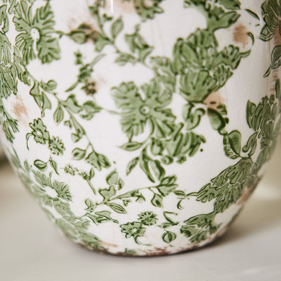 Set of 2 Vintage Style Small & Large Ceramic Botanical Indoor Outdoor Garden Plant Pot Flower Planter (Dia) 19cm, (H)19cm