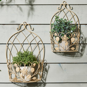 Set of 2 Vintage Style Wall Planters Ivory White Ornate Scrolled Wall Hanging Basket Flower Pots Indoor Outdoor Garden Planters