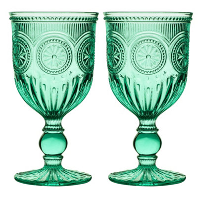 Set of 2 Vintage Turquoise Embossed Drinking Wine Glass Goblets Father's Day Wedding Decorations Ideas