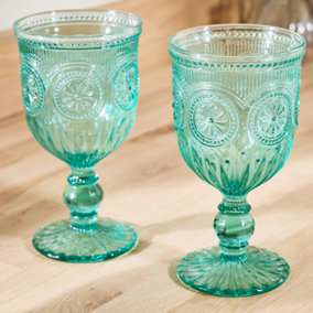 Set of 2 Vintage Turquoise Embossed Drinking Wine Glass Goblets