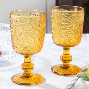 Set of 2 Vintage Yellow Embossed Drinking Goblet Wine Glasses