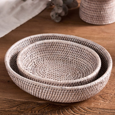 Set of 2 Washed White Premium Rattan Small & Large Oval Kitchen Storage Basket