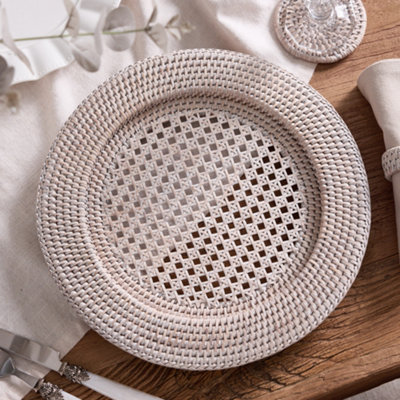 Set of 2 White Premium Rattan Serving Plate Charger Plates