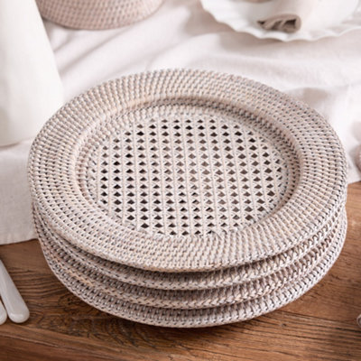 Set of 2 White Premium Rattan Serving Plate Charger Plates
