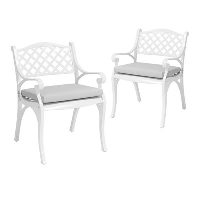 Set of 2 White Retro Curved Seat Cast Aluminum Garden Chairs Patio Dining Armchair Set with Cushions