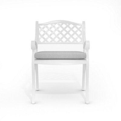 Set of 2 White Retro Curved Seat Cast Aluminum Garden Chairs Patio Dining Armchair Set with Cushions