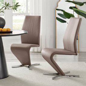 Set of 2 Willow Cappuccino Beige Soft Touch Faux Leather Z Shaped Metal Cantilever Chrome Leg Dining Chair