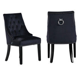 Set of 2 Windsor Knocker Back Dining Chairs Velvet Dining Room Chair Black