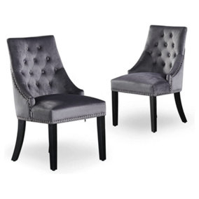 Set of 2 Windsor Knocker Back Dining Chairs Velvet Dining Room Chair, Dark Grey