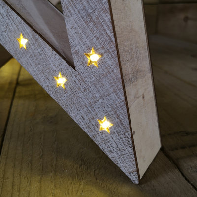 Set of 2 Wooden Battery Stars Christmas Decoration with 60 Warm White LEDs