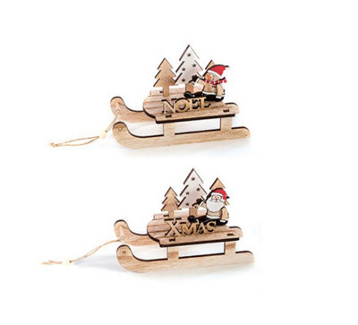 Set of 2 Wooden Sleigh Christmas Decorations 19cm