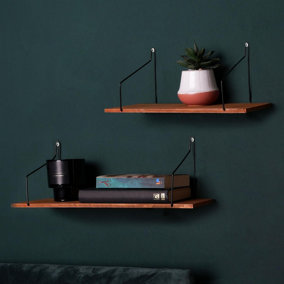 Set of 2 x Oak Wood Wire Floating Shelf