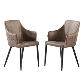 Set of 2 Zarah Leather Dining Chairs Upholstered Dining Armchair,  Brown
