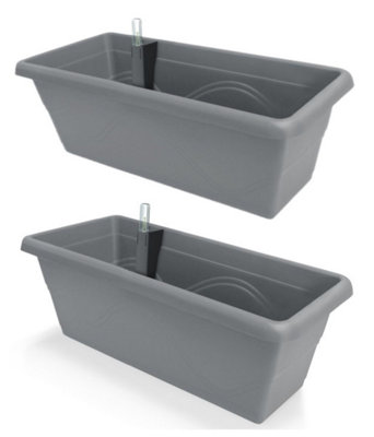 Set of 2x 400mm - Self-watering  planters, troughs, Flowerpots for balconies - with Vermiculite - W39 D21 H17cm, 7.8L - Stone Grey