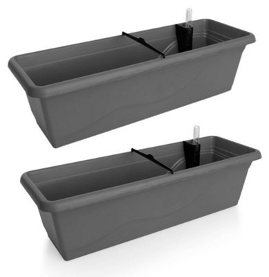 Set of 2x 600mm - Self-watering  planters, troughs, Flowerpots for balconies - W60 D21 H17cm, 12.4L - Self-watering - Anthracite