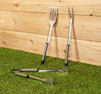 Set of 3 45cm Deluxe Stainless Steel Outdoor Cooking Barbecue Tool Set