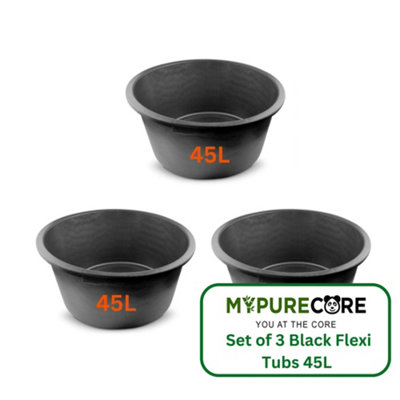 Set of 3 45L Gallon Black Plastic Bucket with Handles -Sturdy Water Bucket Big Bucket with Measuring - Ideal for Home and Garden
