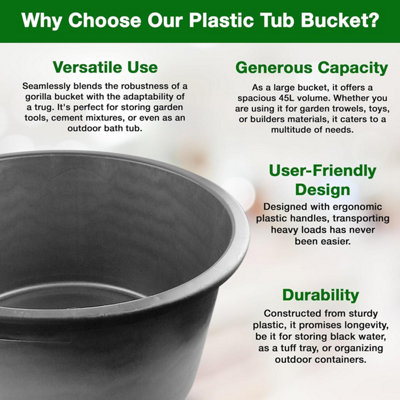 Set of 3 45L Gallon Black Plastic Bucket with Handles -Sturdy Water Bucket Big Bucket with Measuring - Ideal for Home and Garden - 3
