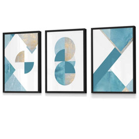 Set of 3 Abstract Aqua Blue Mid Century Geometric Wall Art Prints / 30x42cm (A3) / Black Frame