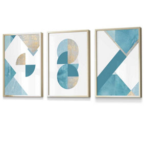 Set of 3 Abstract Aqua Blue Mid Century Geometric Wall Art Prints / 30x42cm (A3) / Gold Frame