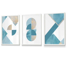 Set of 3 Abstract Aqua Blue Mid Century Geometric Wall Art Prints / 30x42cm (A3) / White Frame