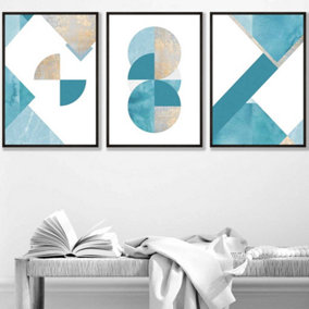Set of 3 Abstract Aqua Blue Mid Century Geometric Wall Art Prints / 42x59cm (A2) / Black Frame