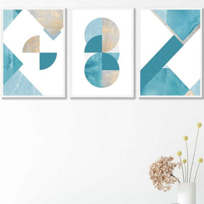 Set of 3 Abstract Aqua Blue Mid Century Geometric Wall Art Prints / 42x59cm (A2) / White Frame