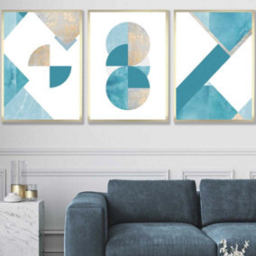 Set of 3 Abstract Aqua Blue Mid Century Geometric Wall Art Prints / 50x70cm / Gold Frame