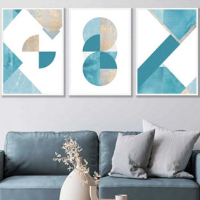 Set of 3 Abstract Aqua Blue Mid Century Geometric Wall Art Prints / 50x70cm / White Frame
