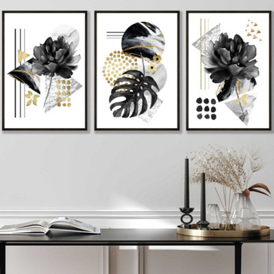 Set of 3 Abstract Black and Gold Botanical Wall Art Prints / 30x42cm ...