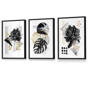 Set of 3 Abstract Black and Gold Botanical Wall Art Prints / 30x42cm (A3) / Black Frame