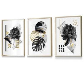 Set of 3 Abstract Black and Gold Botanical Wall Art Prints / 30x42cm (A3) / Gold Frame