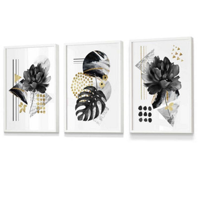 Set of 3 Abstract Black and Gold Botanical Wall Art Prints / 30x42cm ...