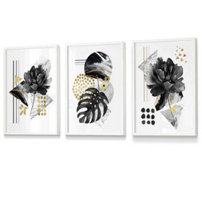 Set of 3 Abstract Black and Gold Botanical Wall Art Prints / 30x42cm (A3) / White Frame