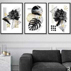 Set of 3 Abstract Black and Gold Botanical Wall Art Prints / 50x70cm / Black Frame
