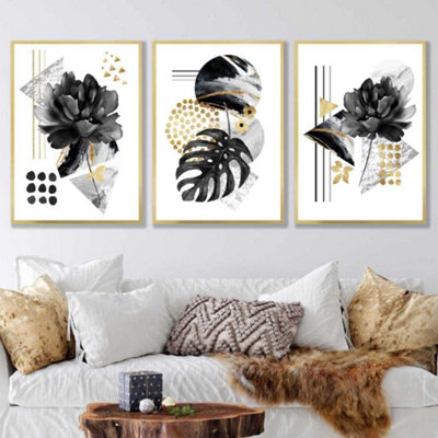 Set of 3 Abstract Black and Gold Botanical Wall Art Prints / 50x70cm ...