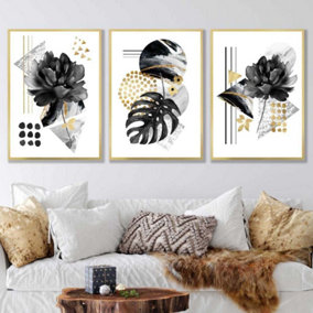 Set of 3 Abstract Black and Gold Botanical Wall Art Prints / 50x70cm / Gold Frame