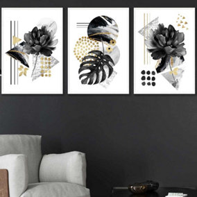 Set of 3 Abstract Black and Gold Botanical Wall Art Prints / 50x70cm / White Frame