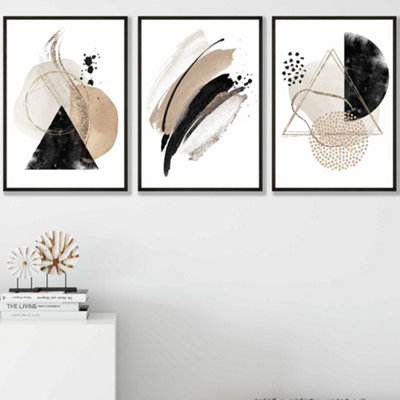 Set of 3 Abstract Black Beige Watercolour Shapes Wall Art Prints / 30x42cm (A3) / Black Frame