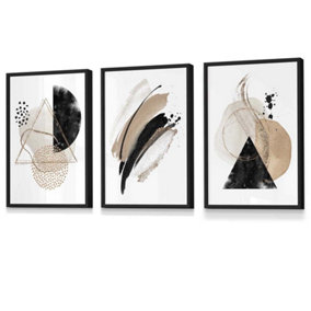 Set of 3 Abstract Black Beige Watercolour Shapes Wall Art Prints / 30x42cm (A3) / Black Frame