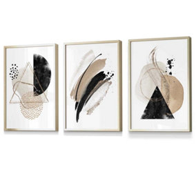 Set of 3 Abstract Black Beige Watercolour Shapes Wall Art Prints / 30x42cm (A3) / Gold Frame